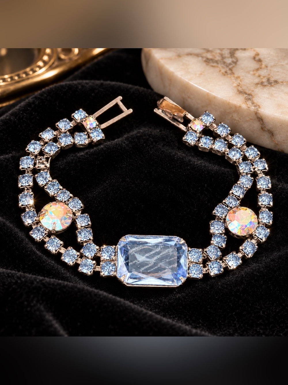 Vintage Baby Blue Rhinestone AB Crystal Statement Bracelet
